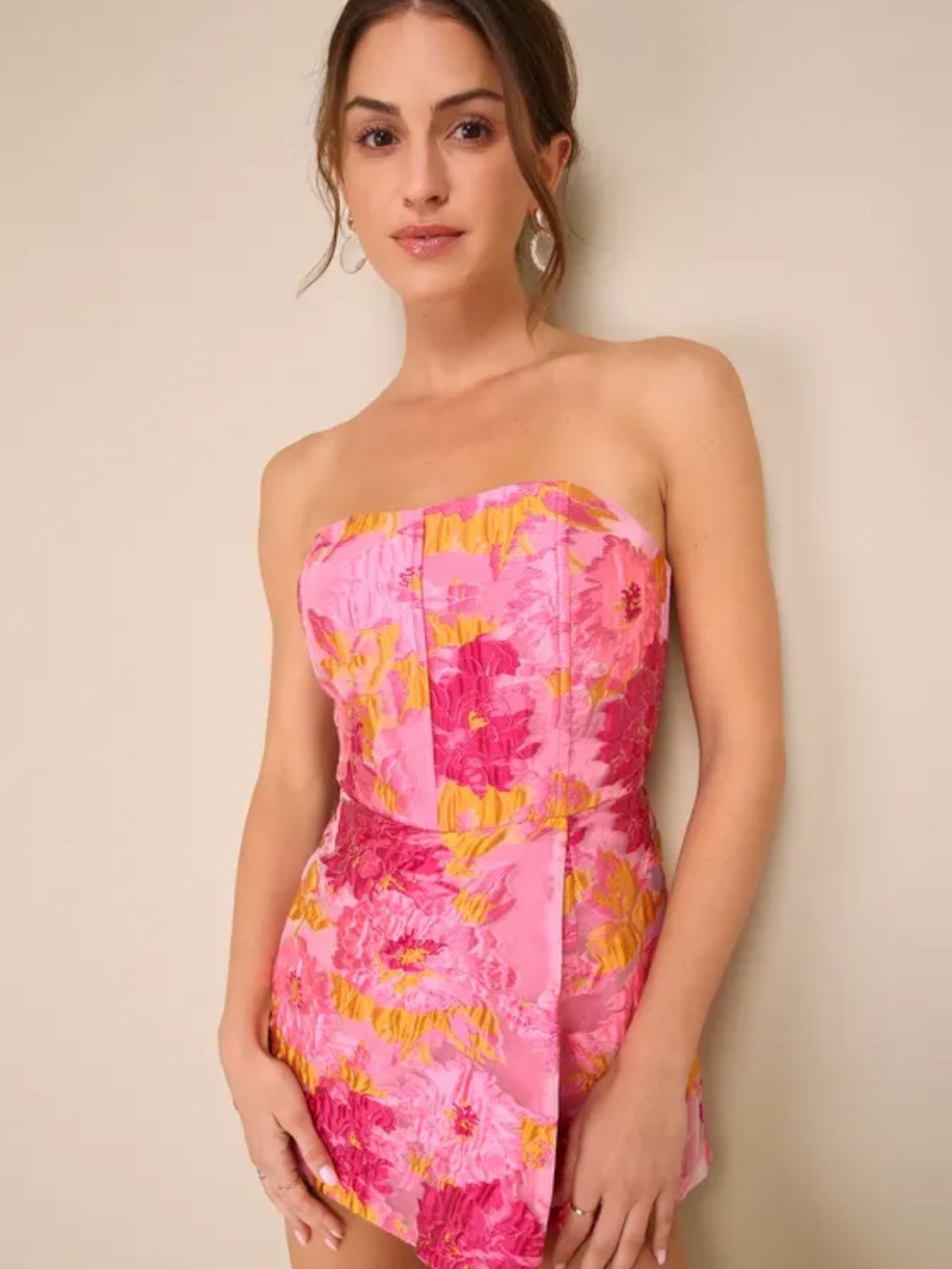 Lulu's Pink Floral Strapless Skort Romper